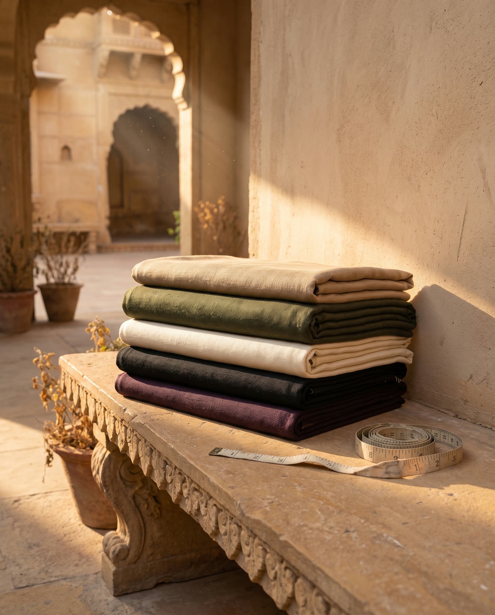 Folded fabrics in sand, olive, ivory, black and plum on a stone bench with a tape measure