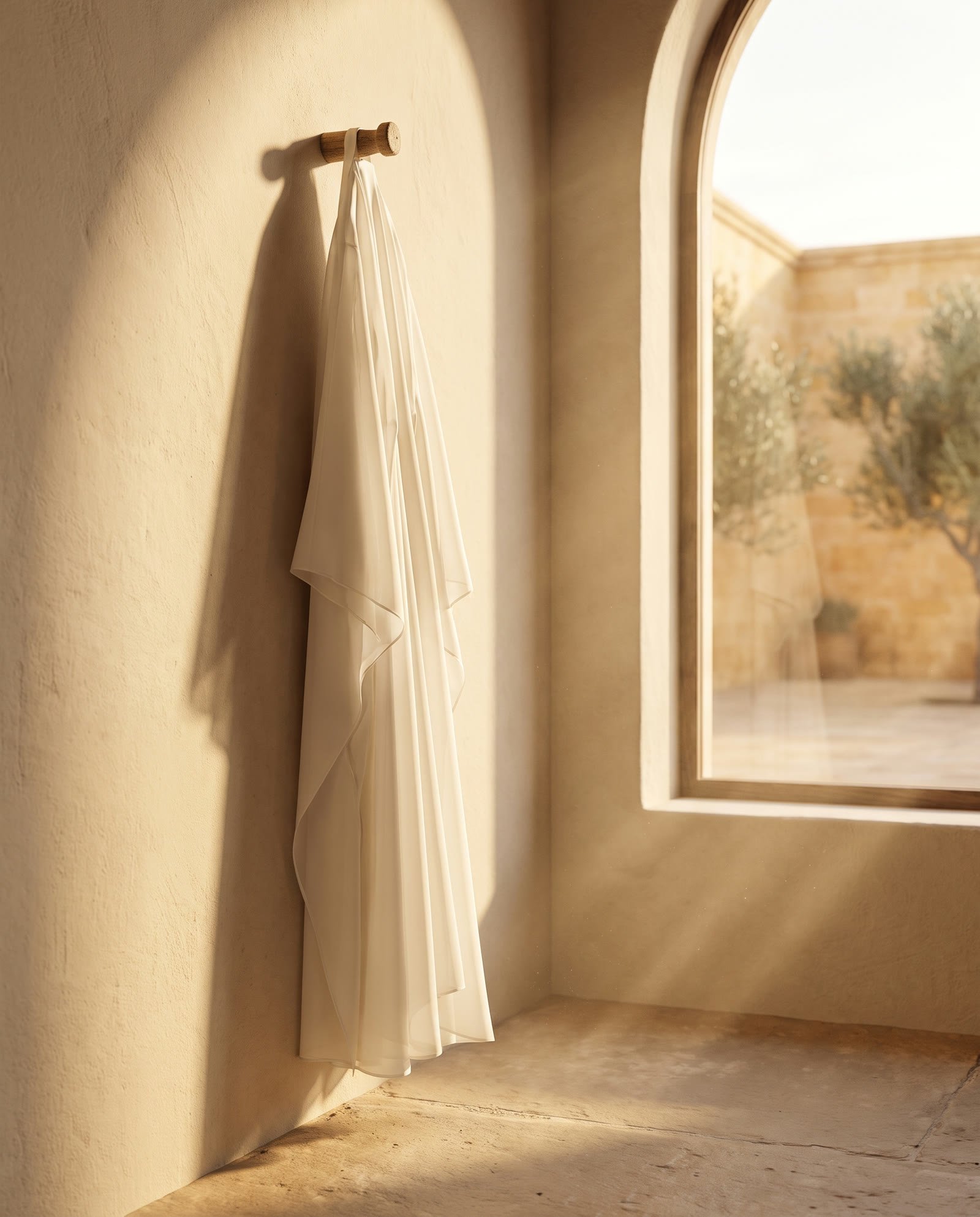An ivory chiffon abaya hanging by a sunlit arched window